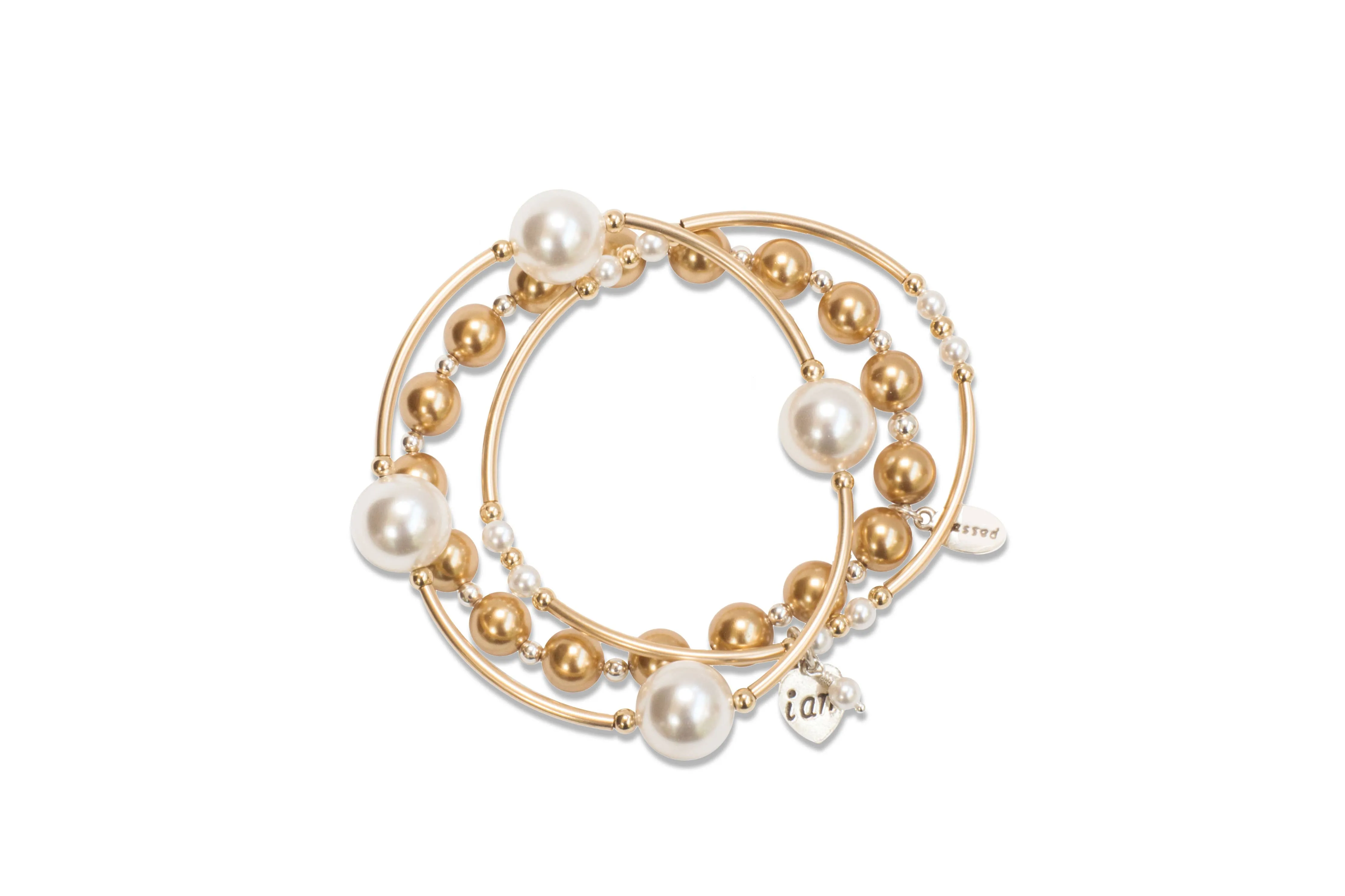 12mm Crystal White Pearl Blessing Bracelet with Gold Links: L