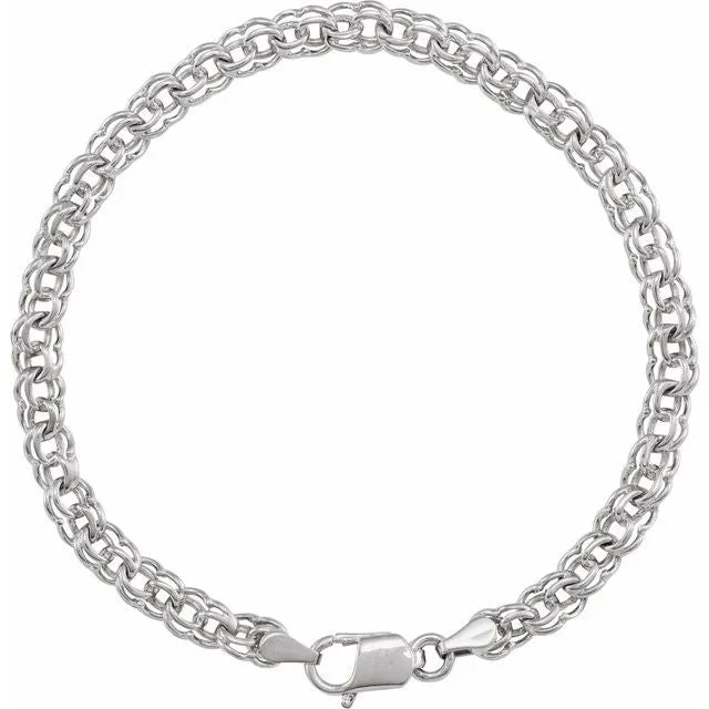 14K White Gold Solid Double Link Charm Bracelet