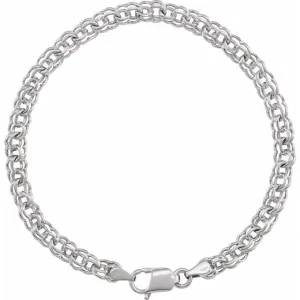 14K White Gold Solid Double Link Charm Bracelet