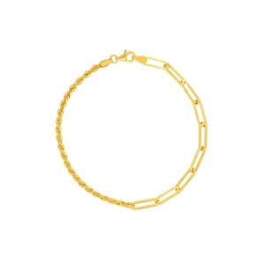 14K Yellow Gold 50/50 Hollow Paperclip and Rope Bracelet