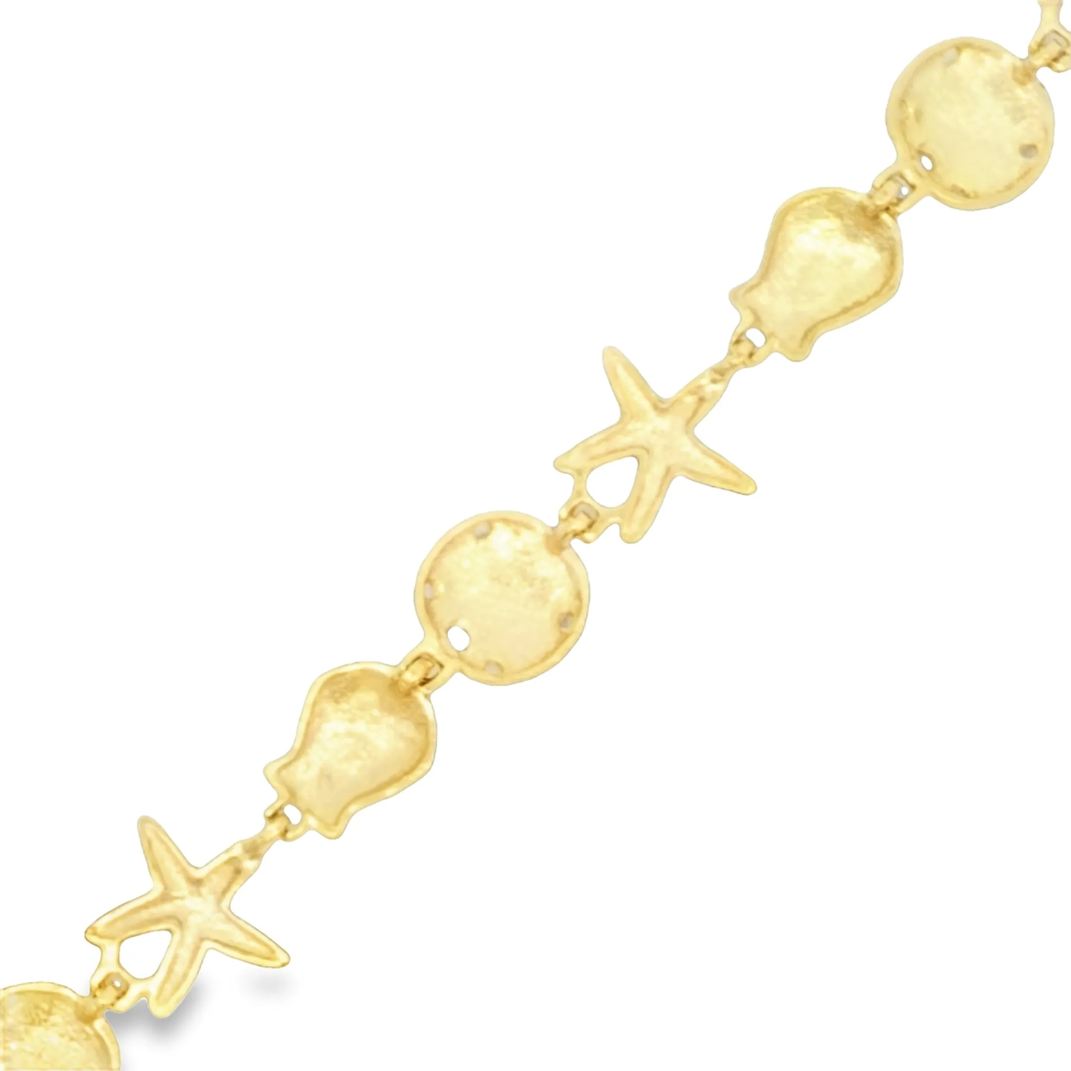 14k Yellow Gold Nautical Sand Dollar, Shell, Starfish Bracelet 7 3/4"