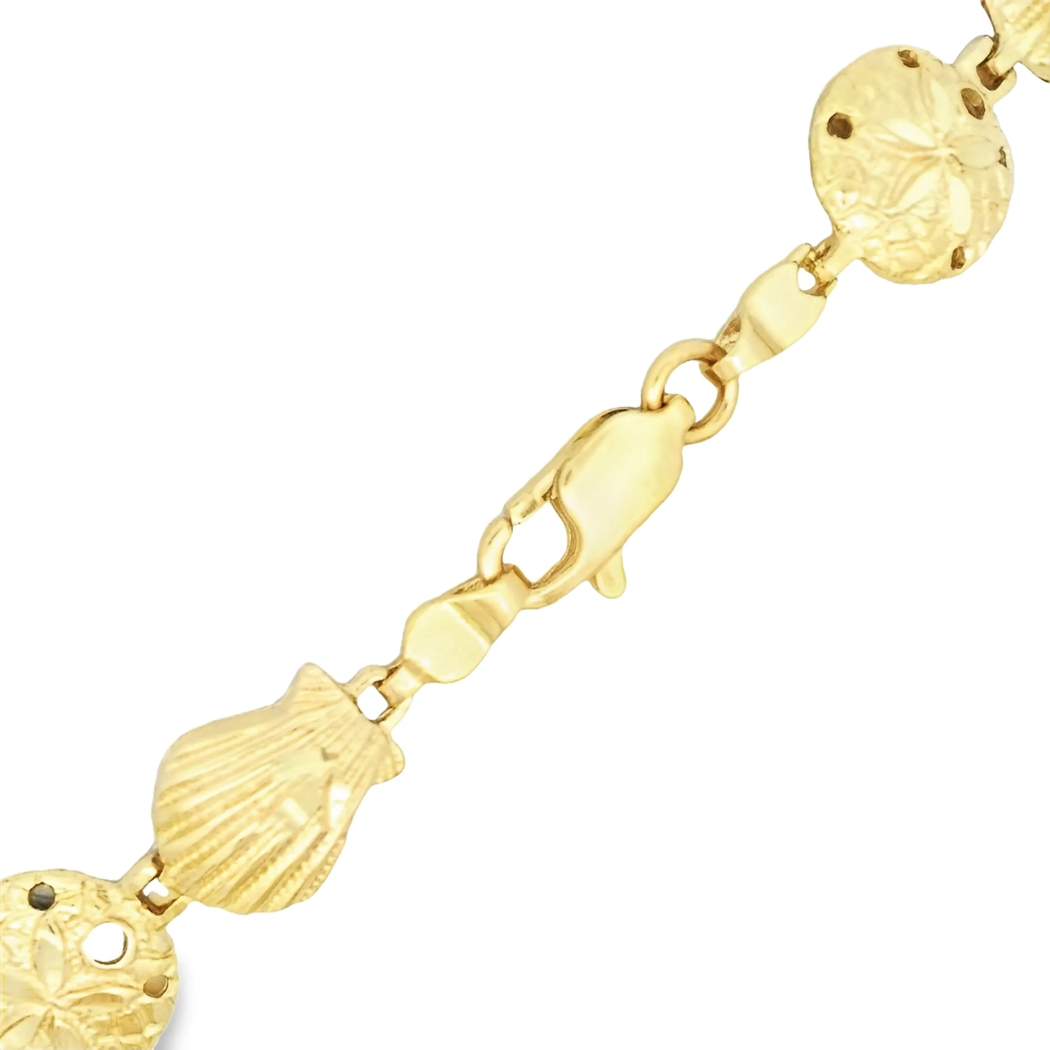14k Yellow Gold Nautical Sand Dollar, Shell, Starfish Bracelet 7 3/4"