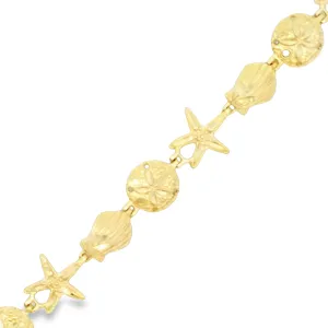 14k Yellow Gold Nautical Sand Dollar, Shell, Starfish Bracelet 7 3/4"