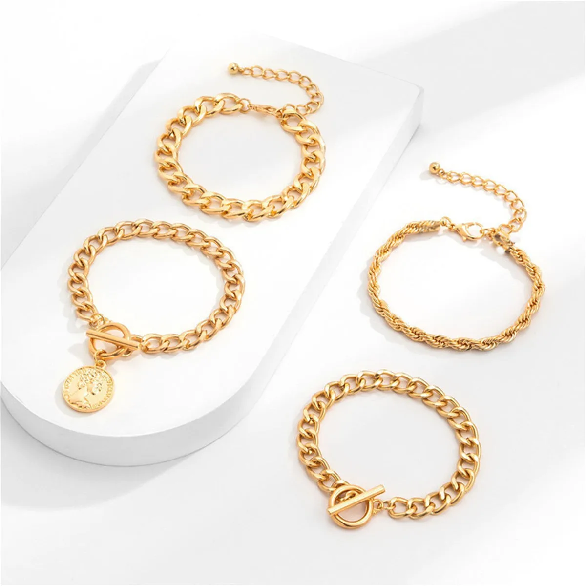 18K Gold-Plated Coin Toggle Chain Bracelet Set