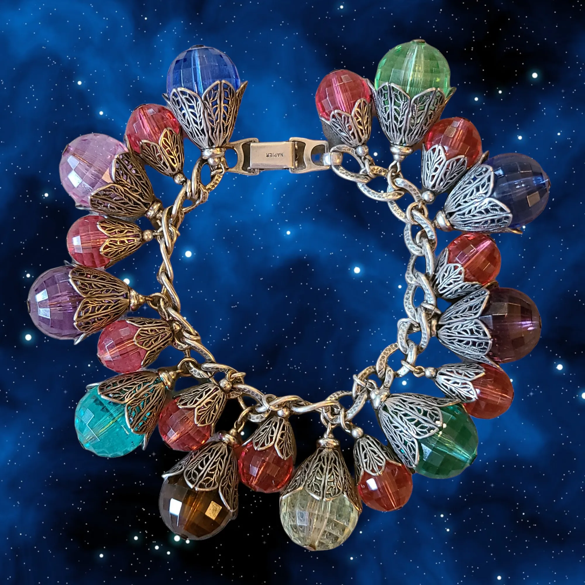 1950s Napier Filigree and Plastic Faceted Beads Bracelet - East Indian Inspired