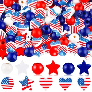 200 Pieces 4th of July Wood Beads Patriotic Independence Day Wooden Beads America Flag Stars Spacer Beads Blue White Red Beads for Craft DIY Garland Memorial Day Tiered Tray Decor