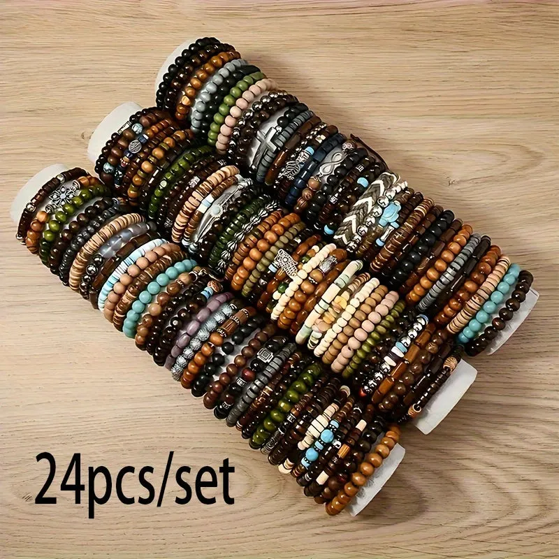 24pcs Men's Wooden Beaded Bracelets Mixed Geometric Patterns