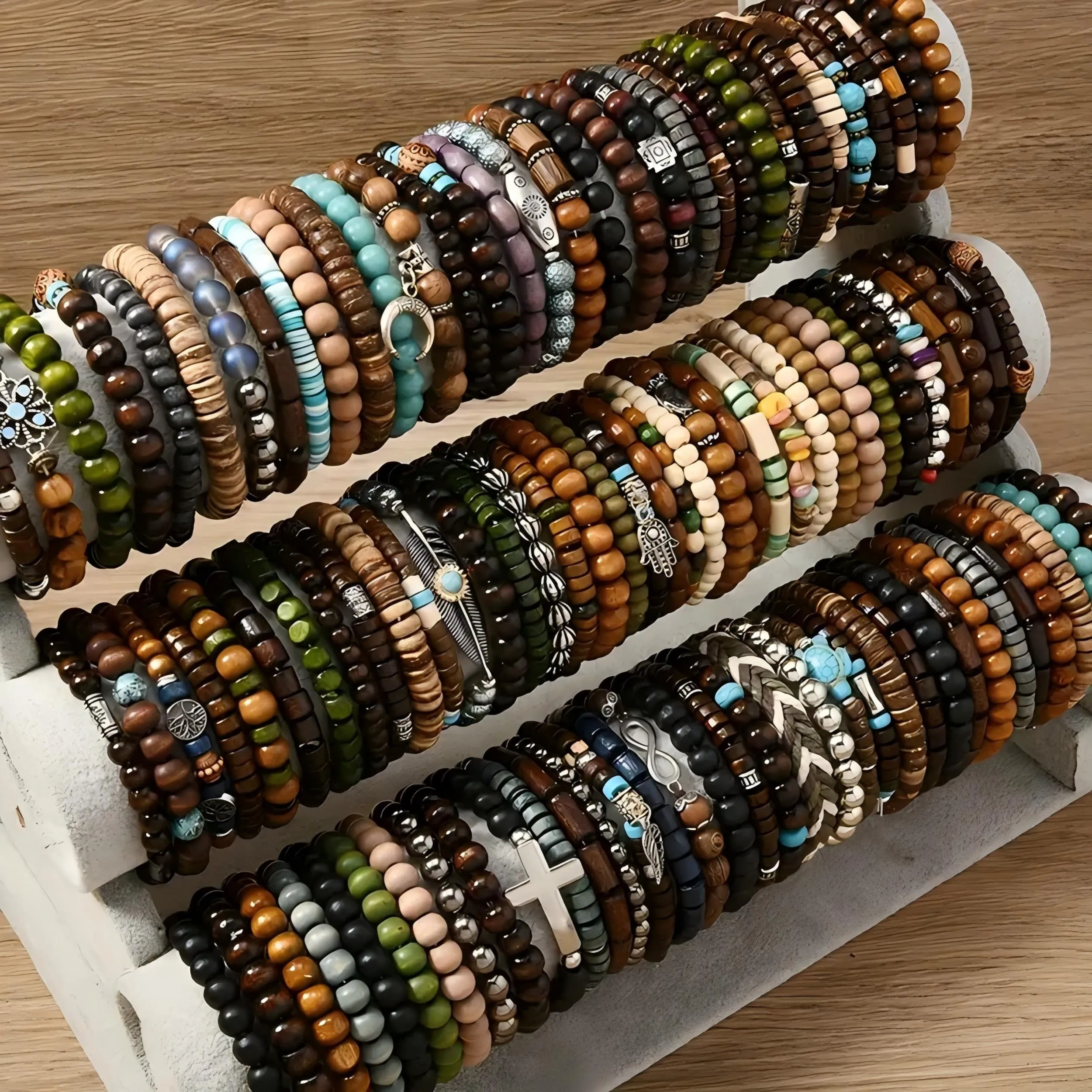 24pcs Men's Wooden Beaded Bracelets Mixed Geometric Patterns