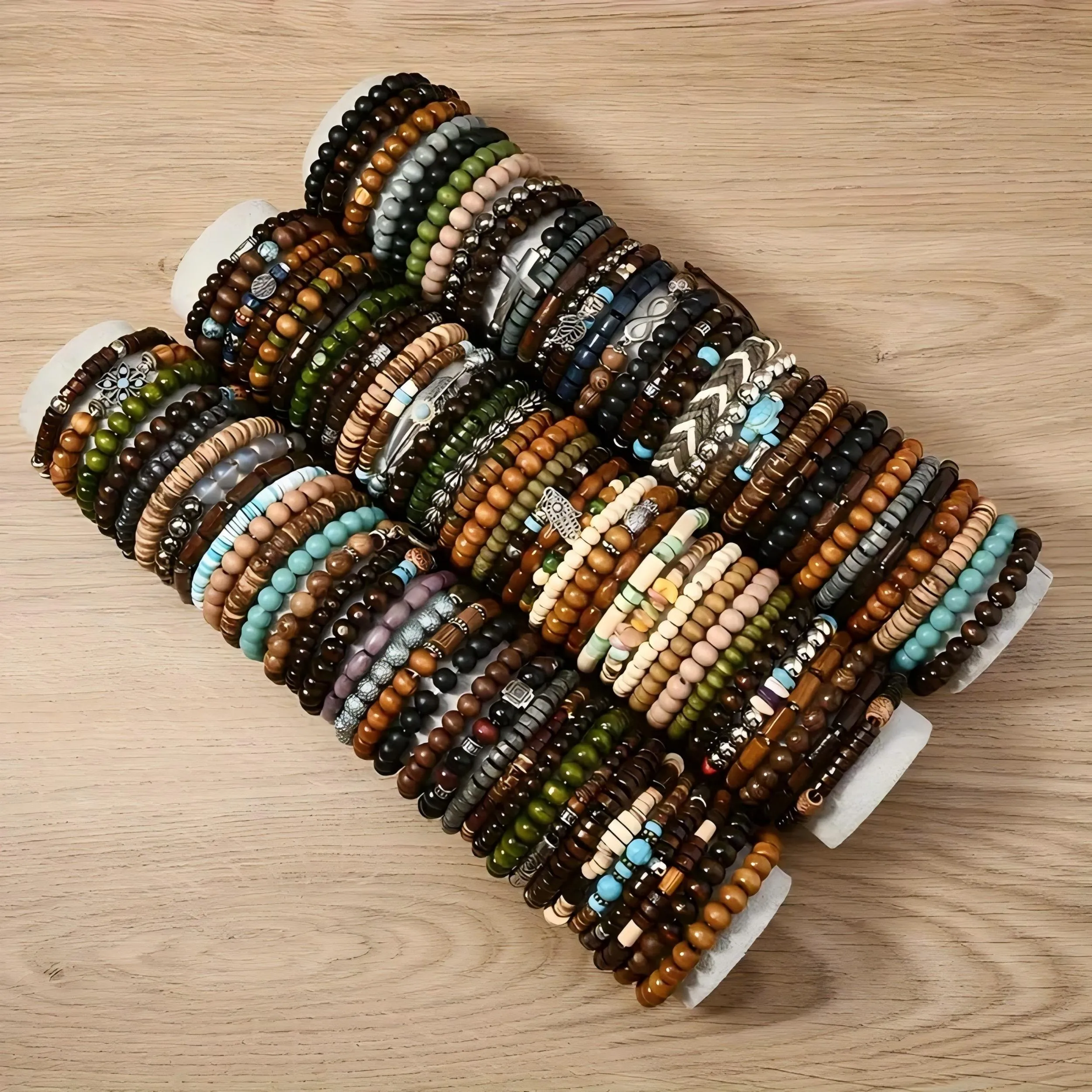 24pcs Men's Wooden Beaded Bracelets Mixed Geometric Patterns