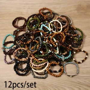 24pcs Men's Wooden Beaded Bracelets Mixed Geometric Patterns