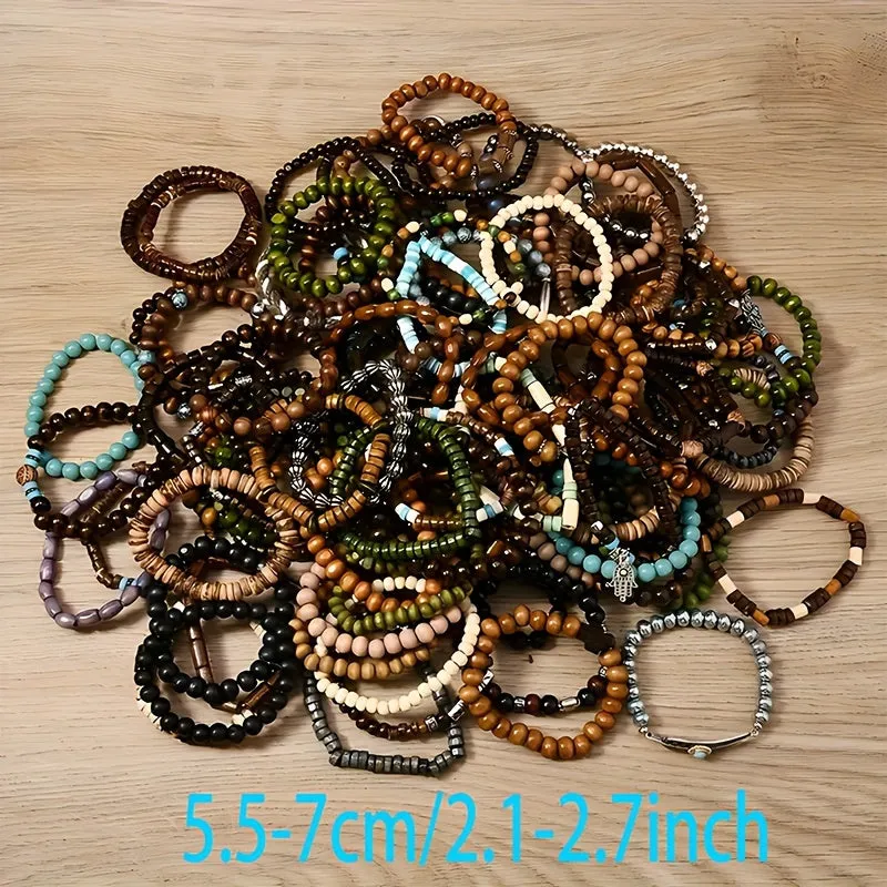 24pcs Men's Wooden Beaded Bracelets Mixed Geometric Patterns