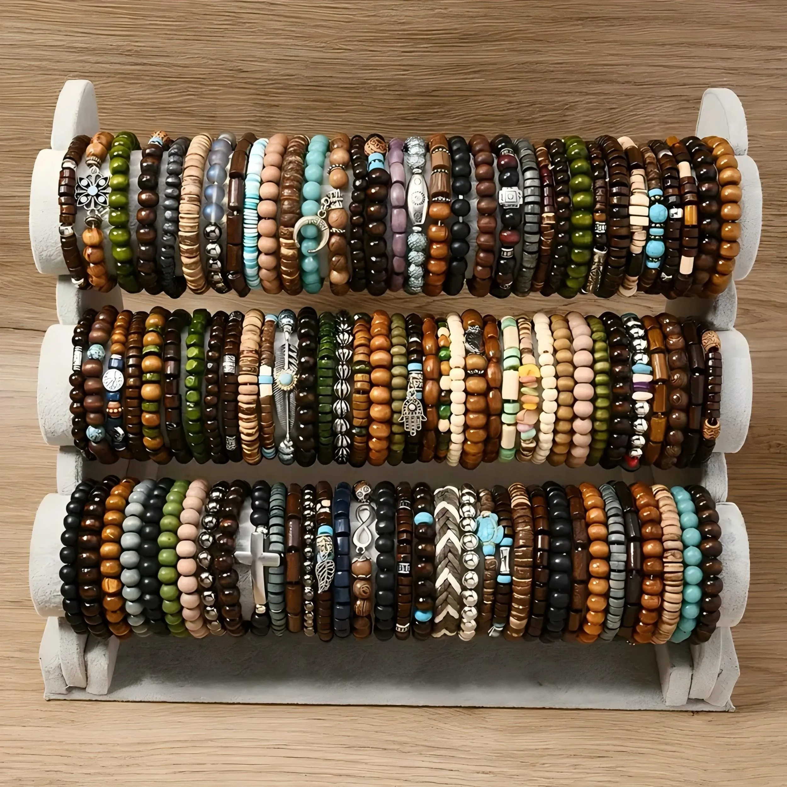 24pcs Men's Wooden Beaded Bracelets Mixed Geometric Patterns