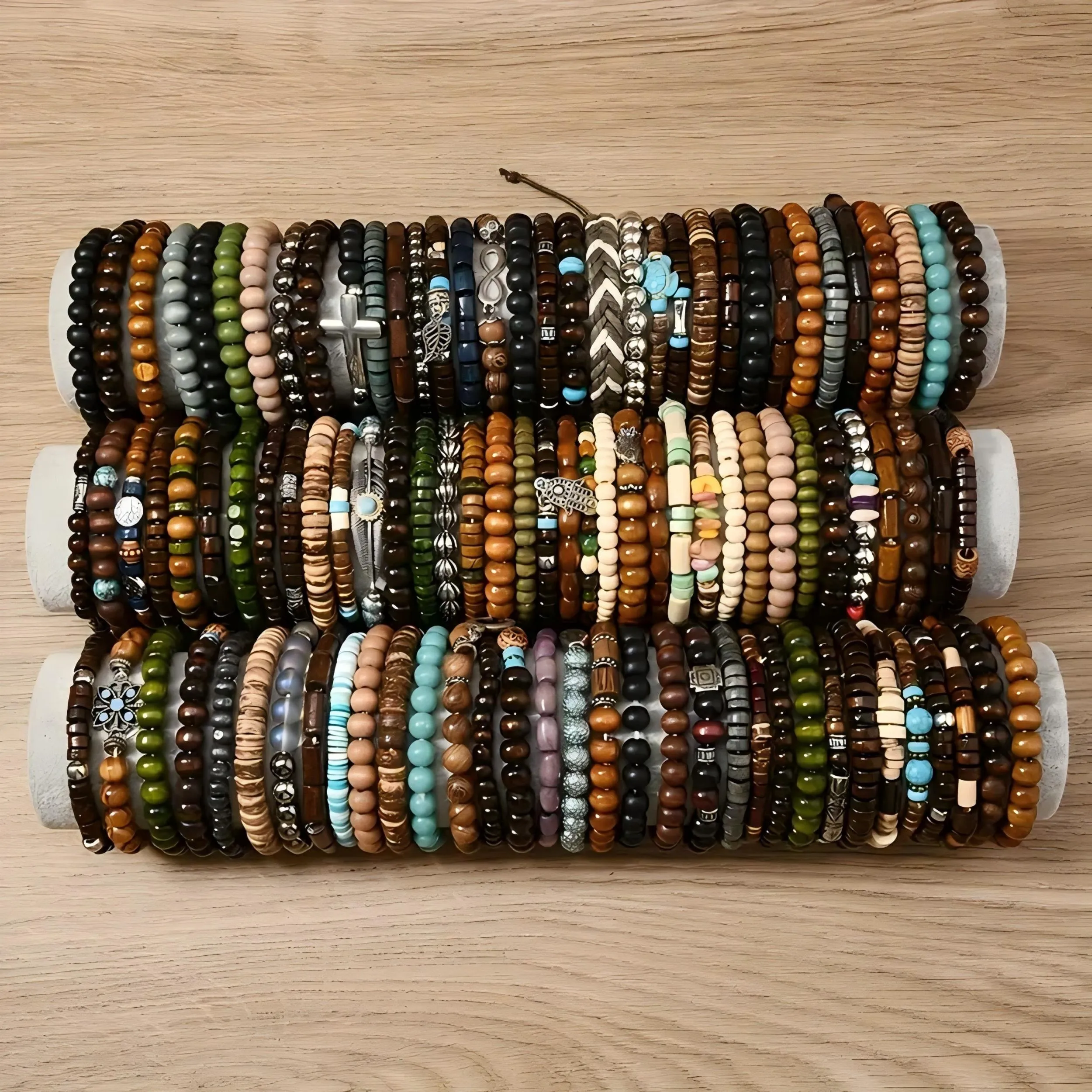 24pcs Men's Wooden Beaded Bracelets Mixed Geometric Patterns