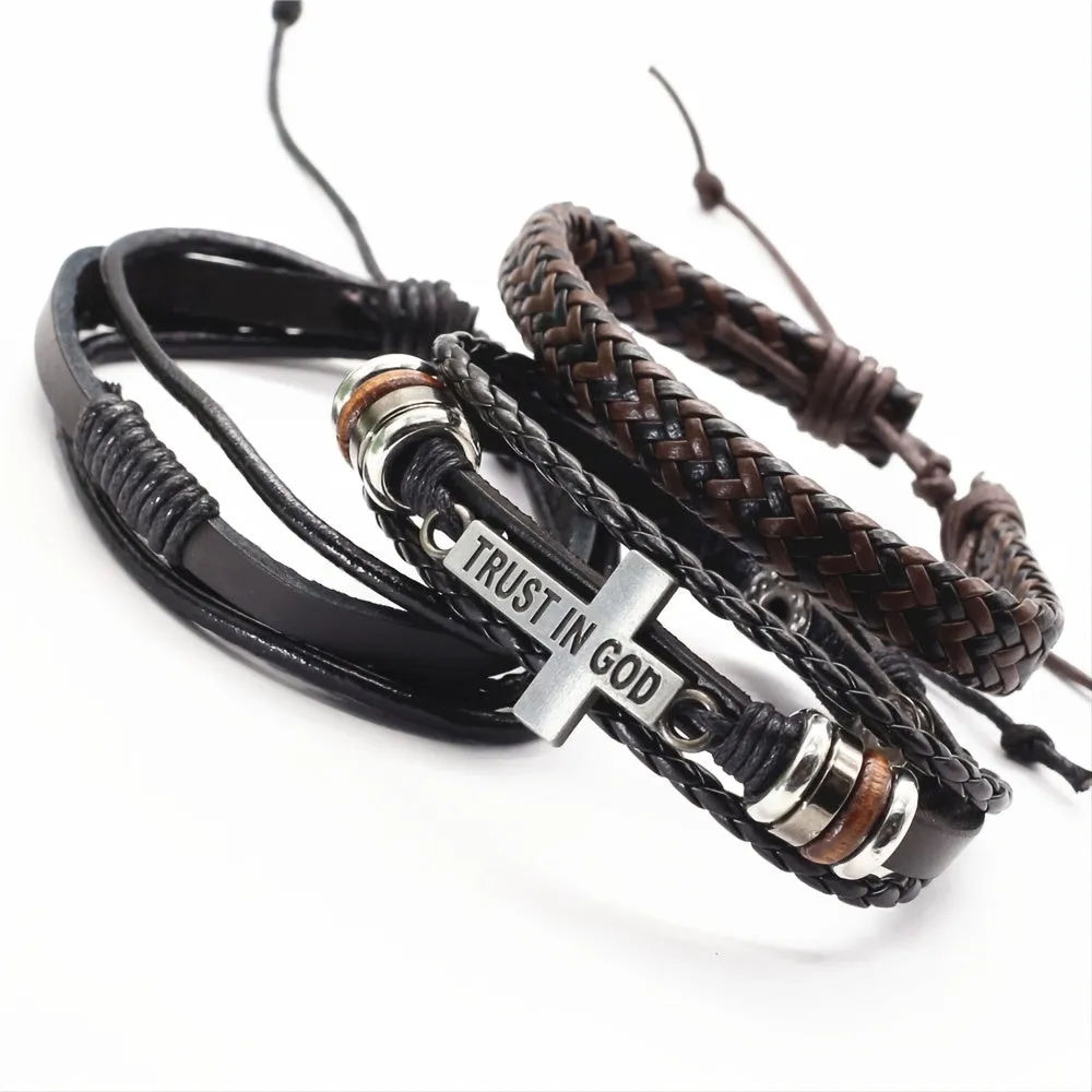 3pcs Braided Leather Bracelet Wooden Beads Cross Feather Pendant Bangle