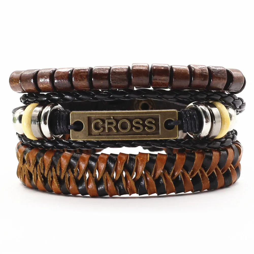 3pcs Braided Leather Bracelet Wooden Beads Cross Feather Pendant Bangle
