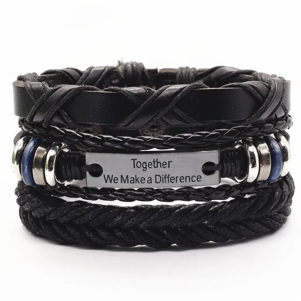 3pcs Braided Leather Bracelet Wooden Beads Cross Feather Pendant Bangle
