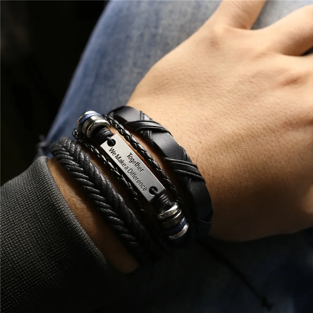 3pcs Braided Leather Bracelet Wooden Beads Cross Feather Pendant Bangle