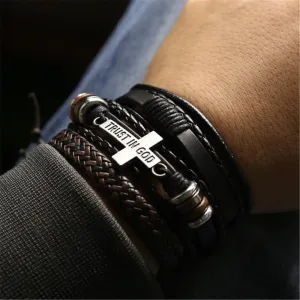 3pcs Braided Leather Bracelet Wooden Beads Cross Feather Pendant Bangle