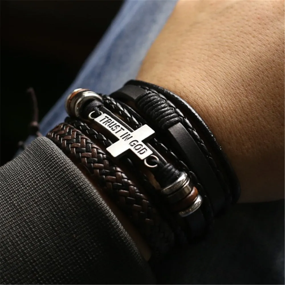 3pcs Braided Leather Bracelet Wooden Beads Cross Feather Pendant Bangle