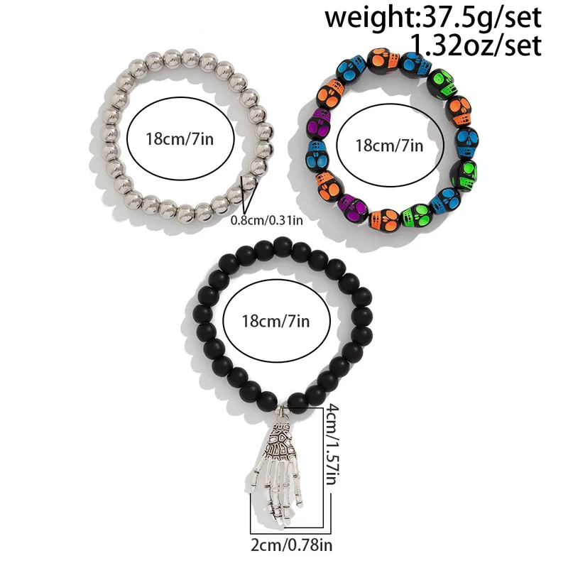 3Pcs/Set Men's Halloween Hand Skull Beaded Bracelets
