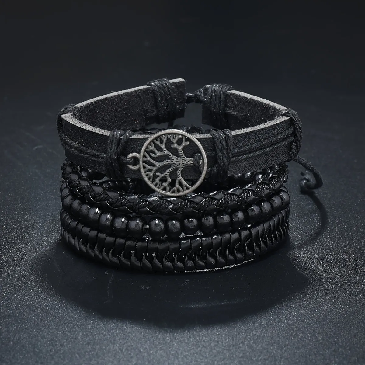 4pcs Men's Braided Bracelets Tree Charm Wooden Beads Rope Set