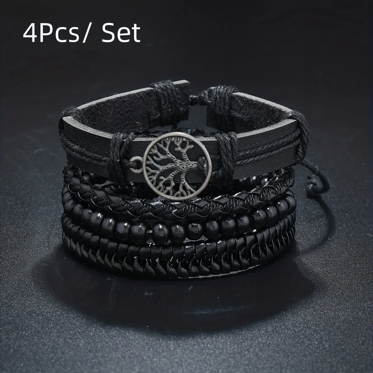 4pcs Men's Braided Bracelets Tree Charm Wooden Beads Rope Set