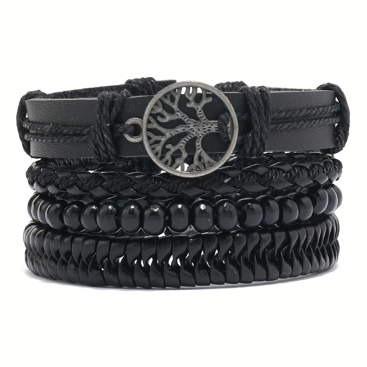 4pcs Men's Braided Bracelets Tree Charm Wooden Beads Rope Set