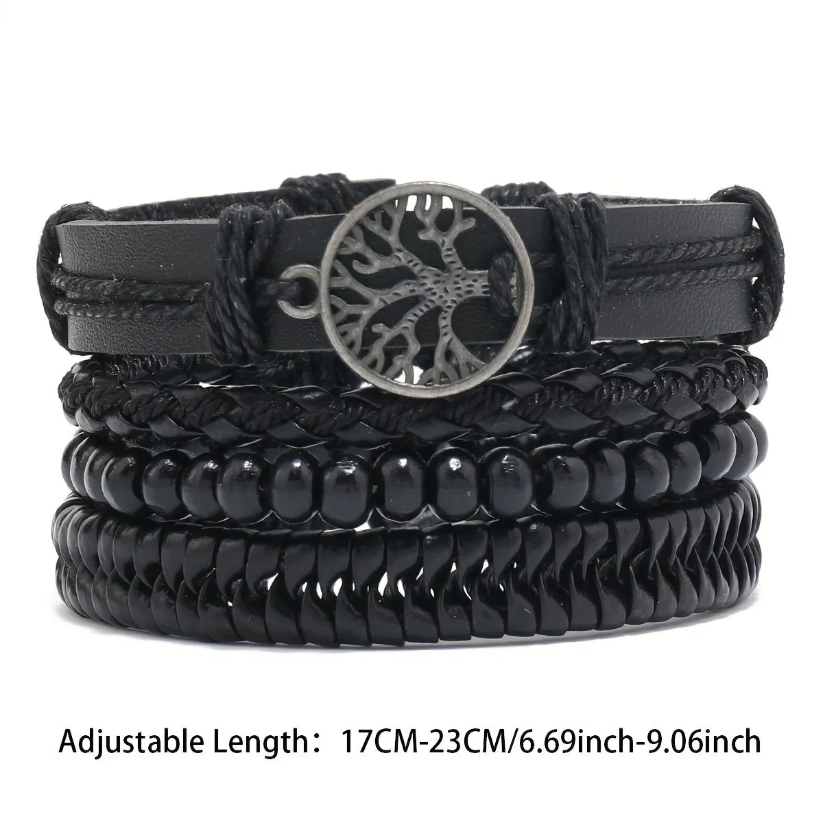 4pcs Men's Braided Bracelets Tree Charm Wooden Beads Rope Set