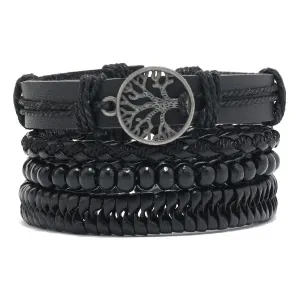 4pcs Men's Braided Bracelets Tree Charm Wooden Beads Rope Set