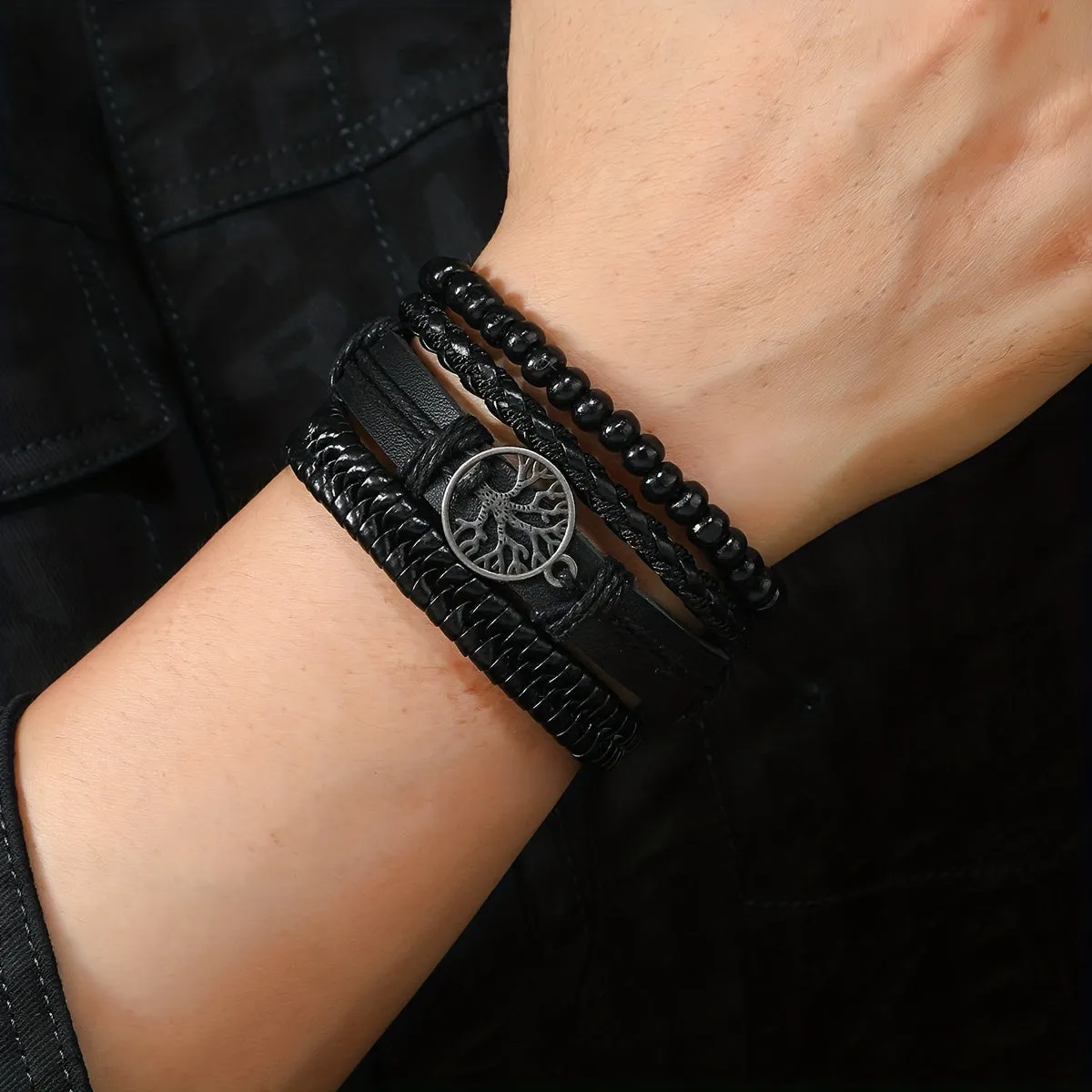 4pcs Men's Braided Bracelets Tree Charm Wooden Beads Rope Set