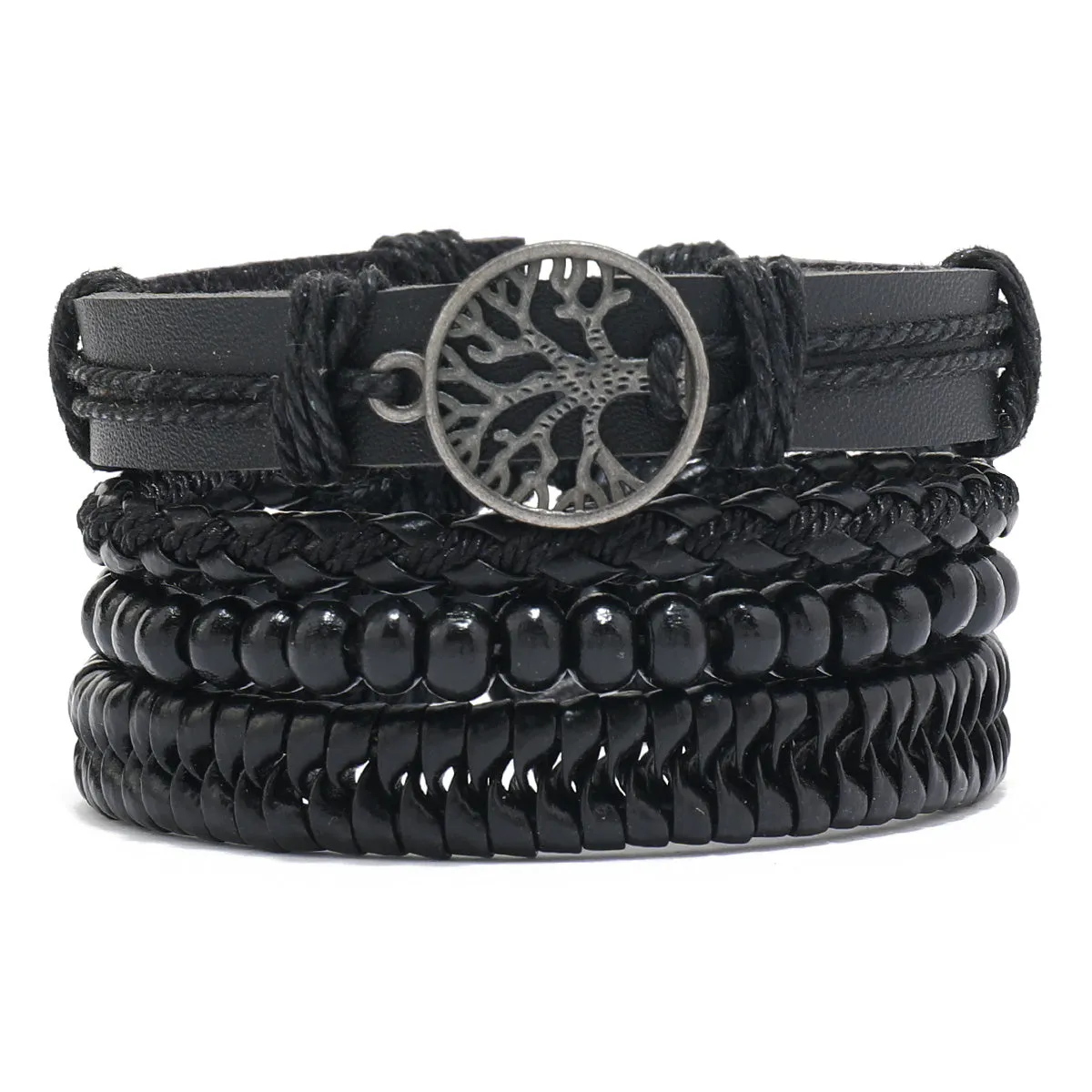4pcs Men's Braided Bracelets Tree Charm Wooden Beads Rope Set