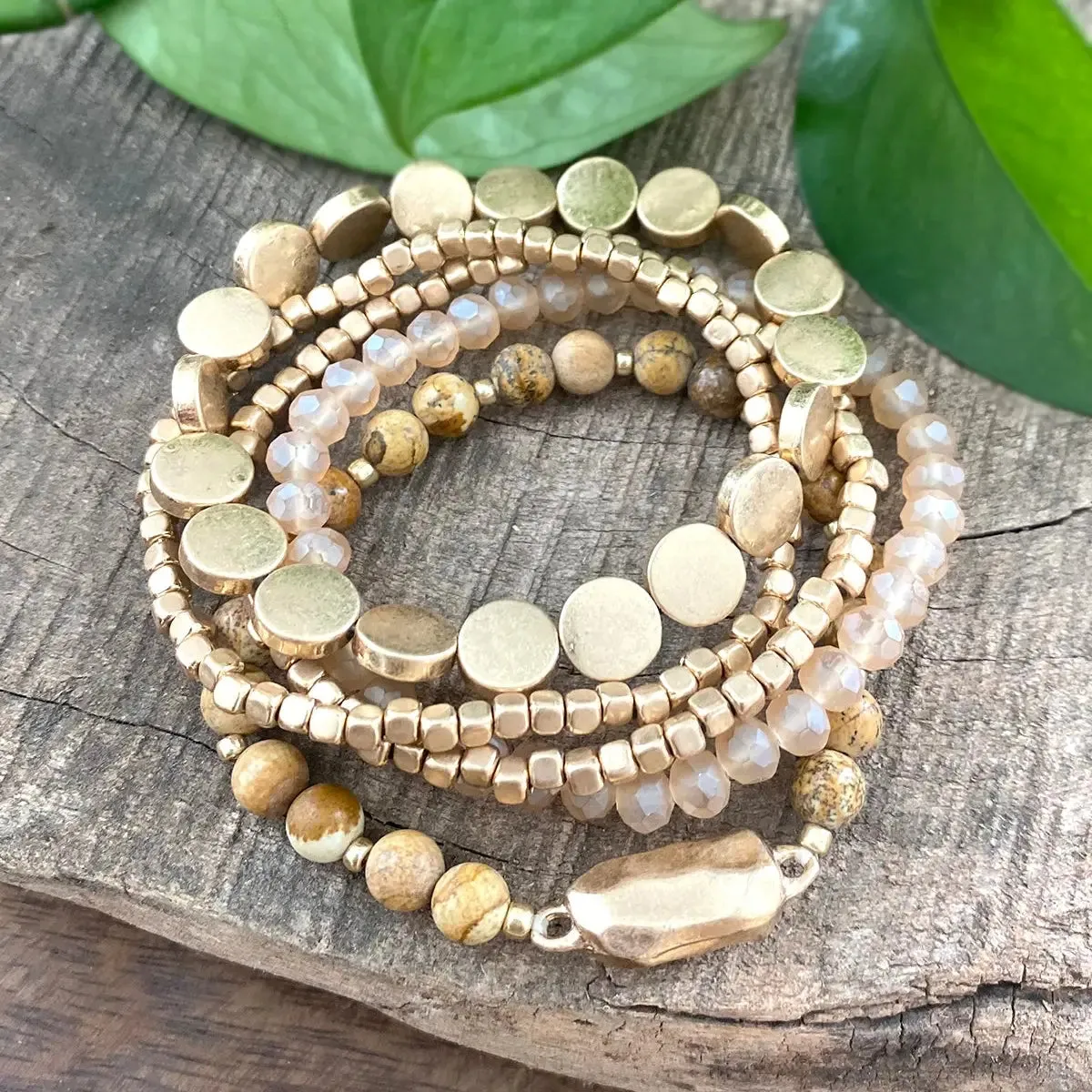 5 Piece Boho Beaded Bracelet Stack Semi Precious Glass Beads