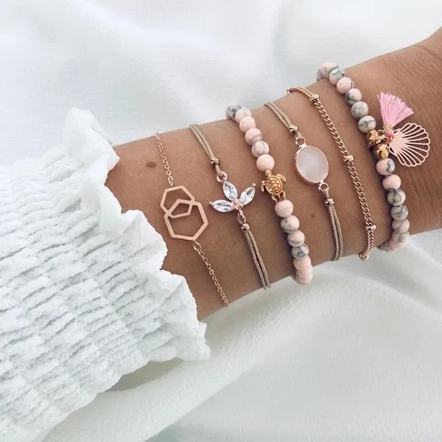 6 pcs/set Love Heart Infinity Symbol Charm Bracelets for Woman Gold Link Chain Bracelets Hollow Feather Black Beads Braclet Girl