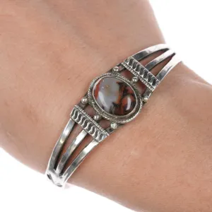 6.375" 30's-40's Native American silver and agate cuff bracelet