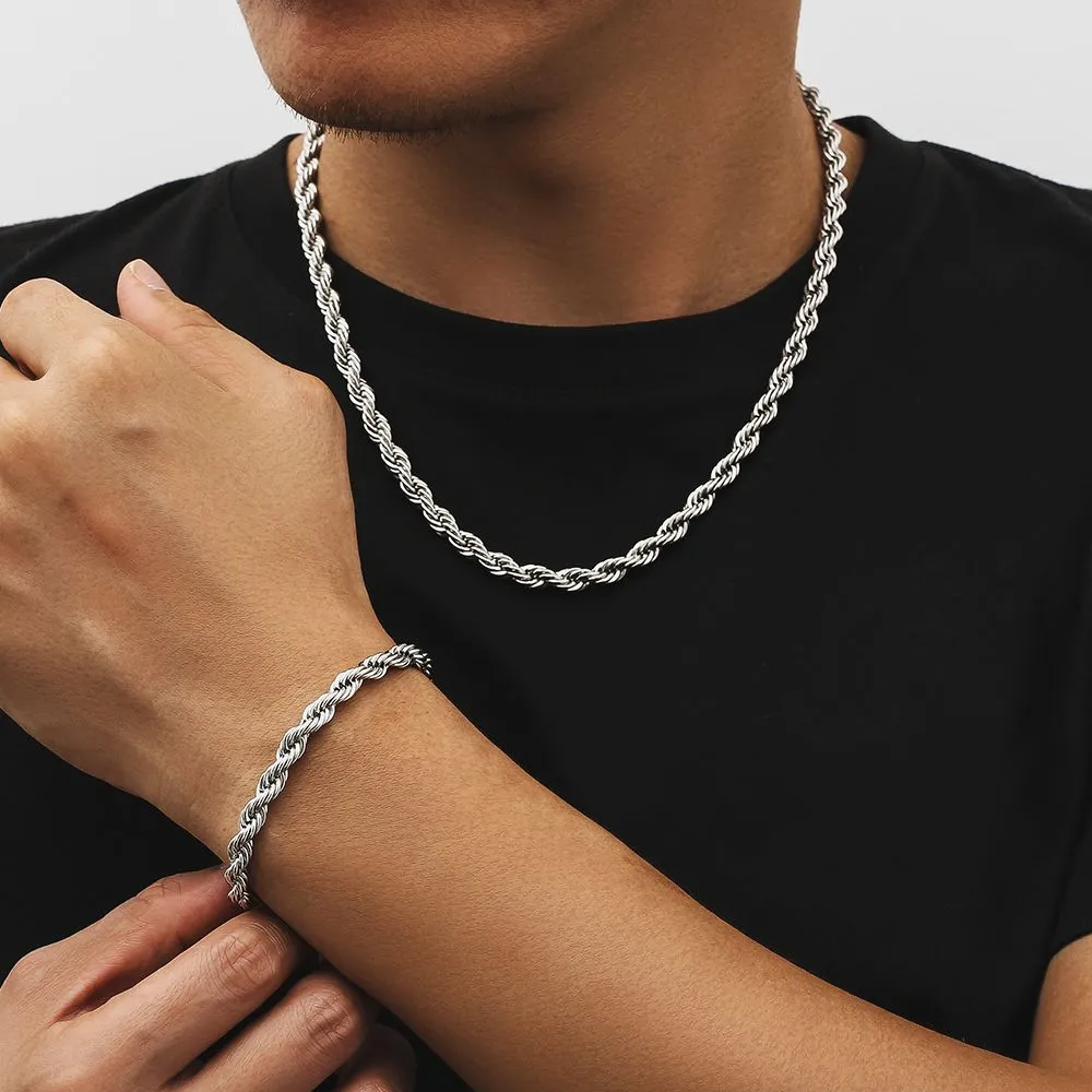 6mm Mens Rope Chain and Bracelet Set in 18K Gold/White Gold KRKC