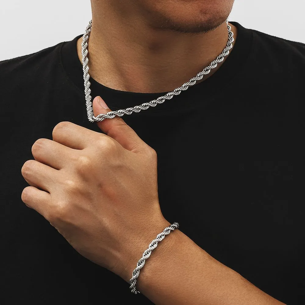 6mm Mens Rope Chain and Bracelet Set in 18K Gold/White Gold KRKC
