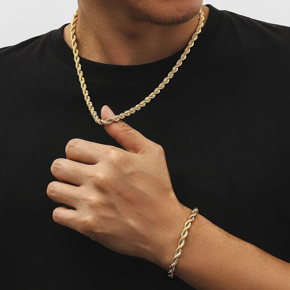 6mm Mens Rope Chain and Bracelet Set in 18K Gold/White Gold KRKC