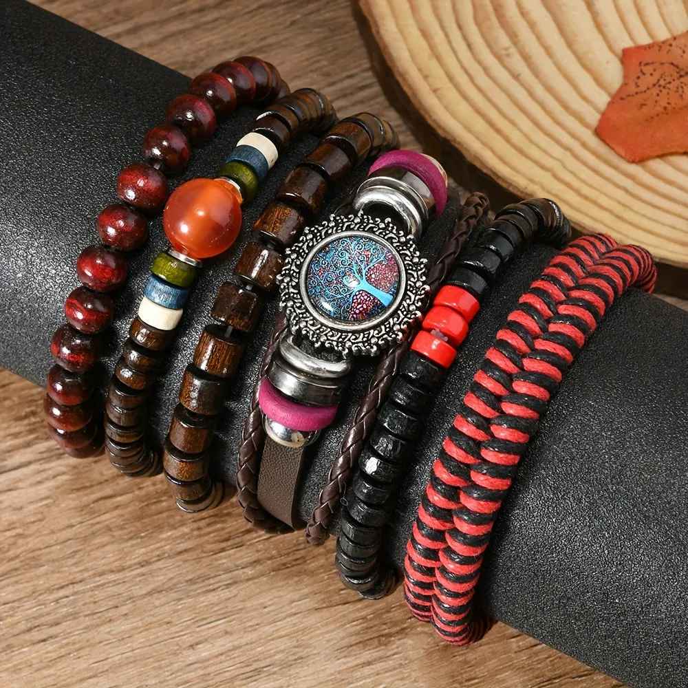 6pcs Gothic Retro Faux Leather Braided Beaded Bracelet