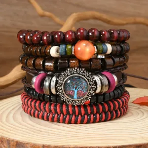 6pcs Gothic Retro Faux Leather Braided Beaded Bracelet