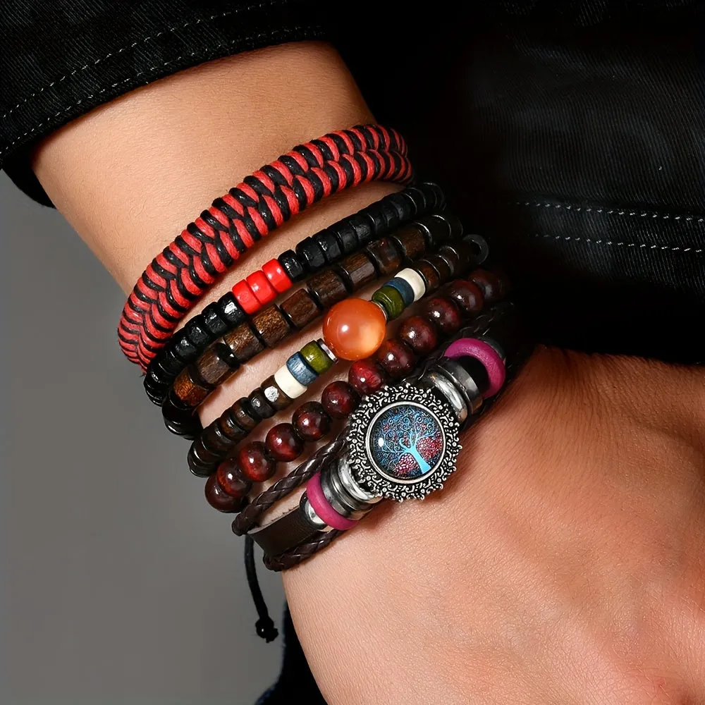 6pcs Gothic Retro Faux Leather Braided Beaded Bracelet