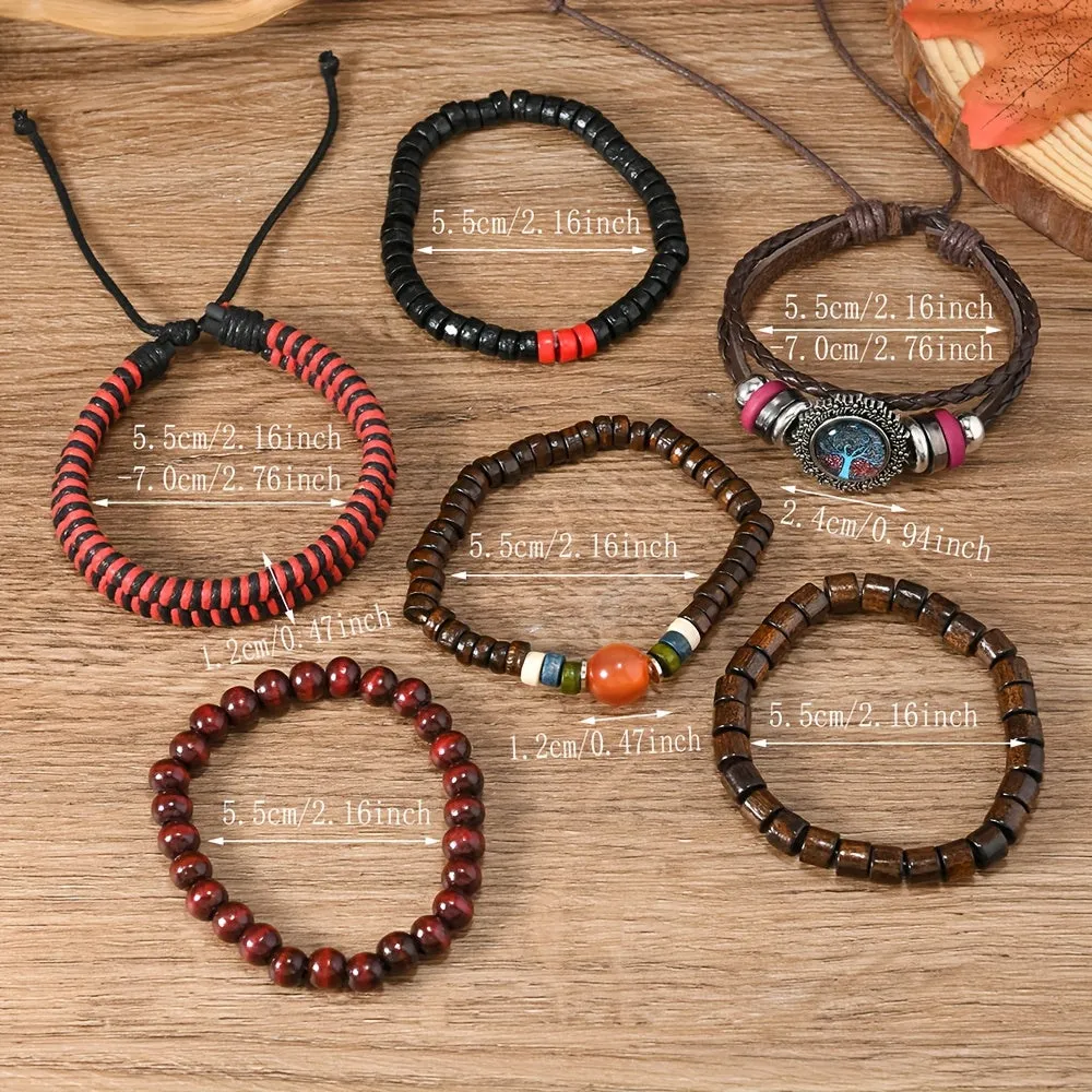 6pcs Gothic Retro Faux Leather Braided Beaded Bracelet