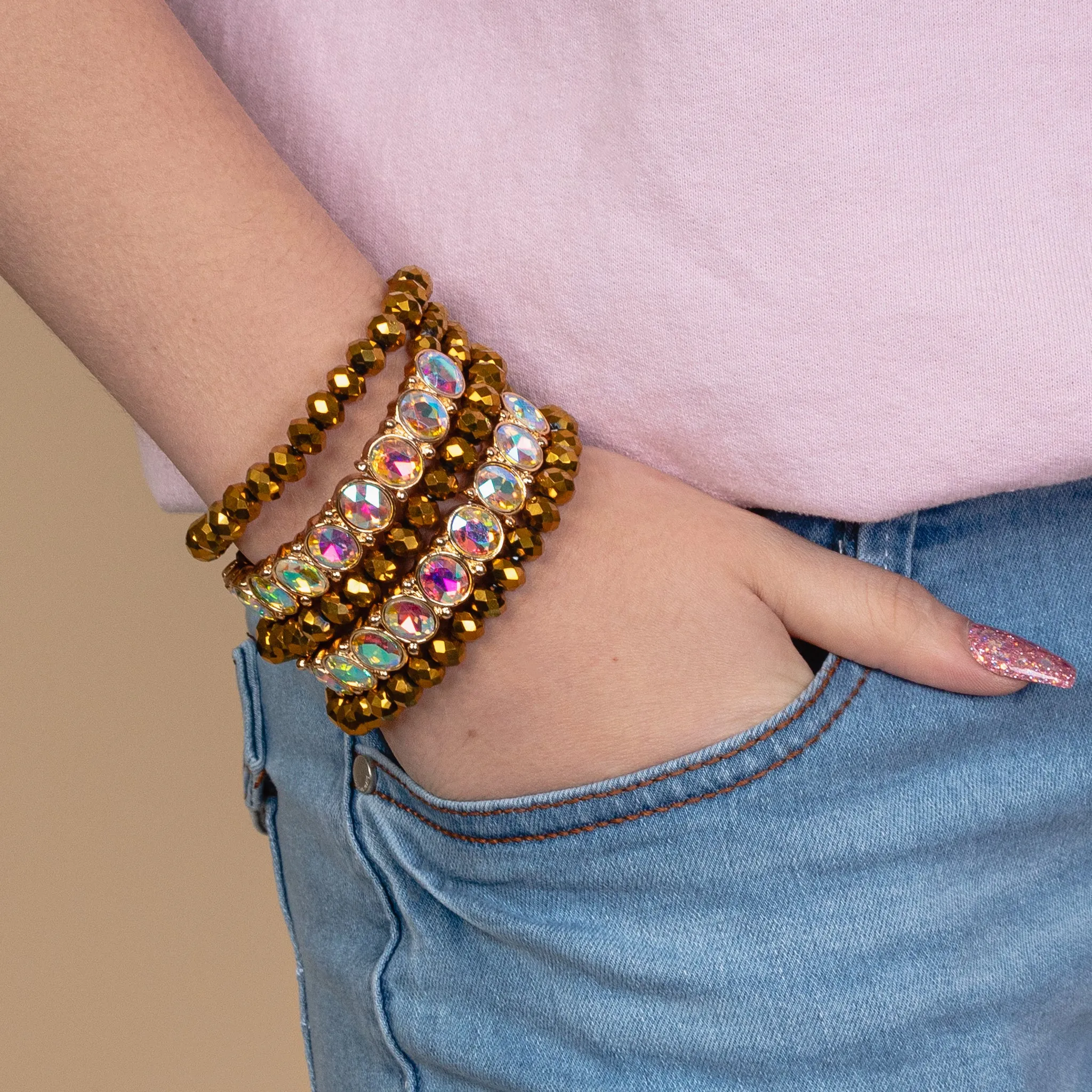 74762 - Crystal Beaded Stacked Bracelets - Gold