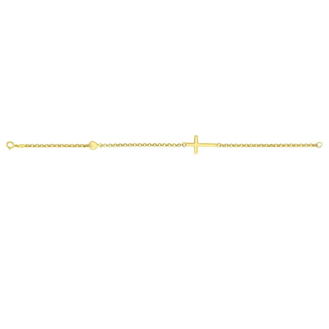 9ct Yellow Gold Silver Infused Belcher Cross And Heart Charm Bracelet 19cm