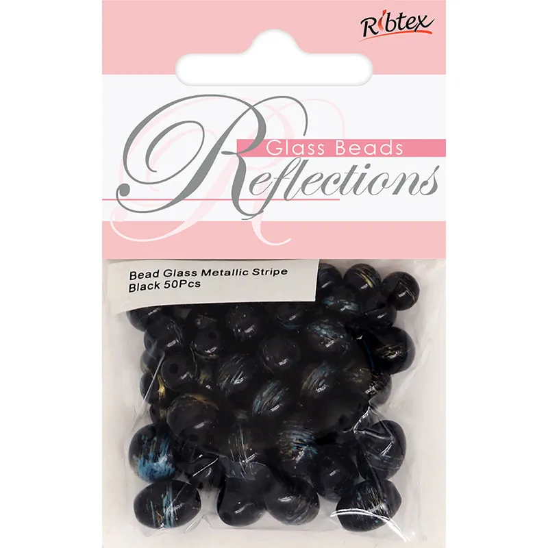 BEAD GLASS METALLIC STRIPE BLK 50PC