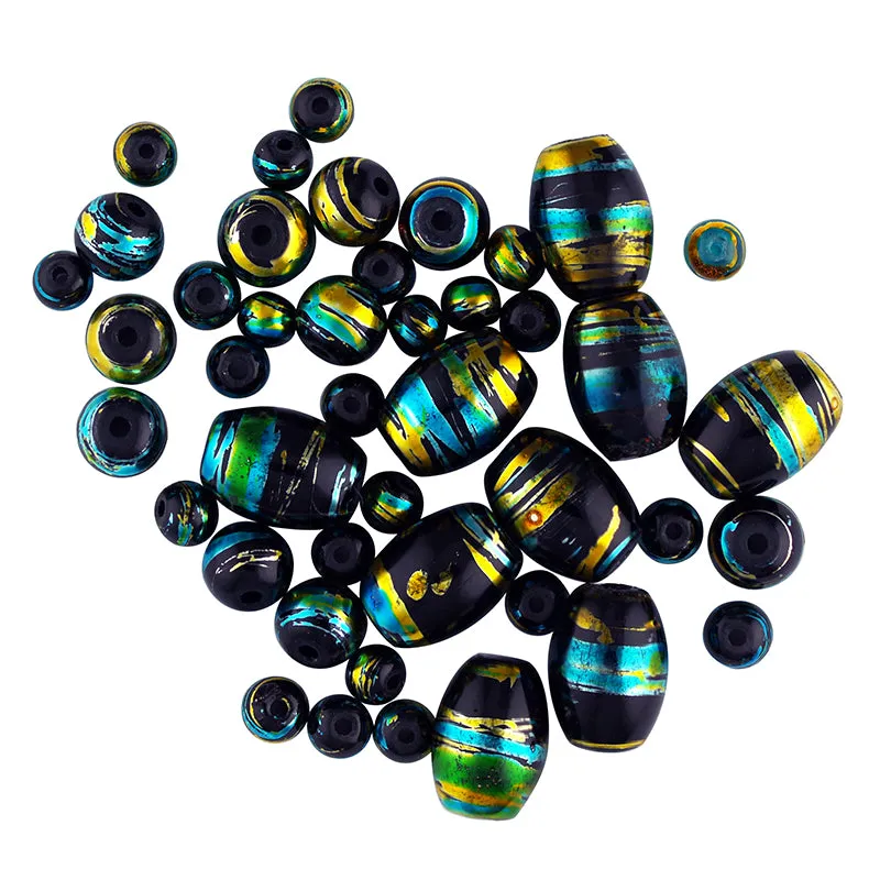 BEAD GLASS METALLIC STRIPE BLK 50PC
