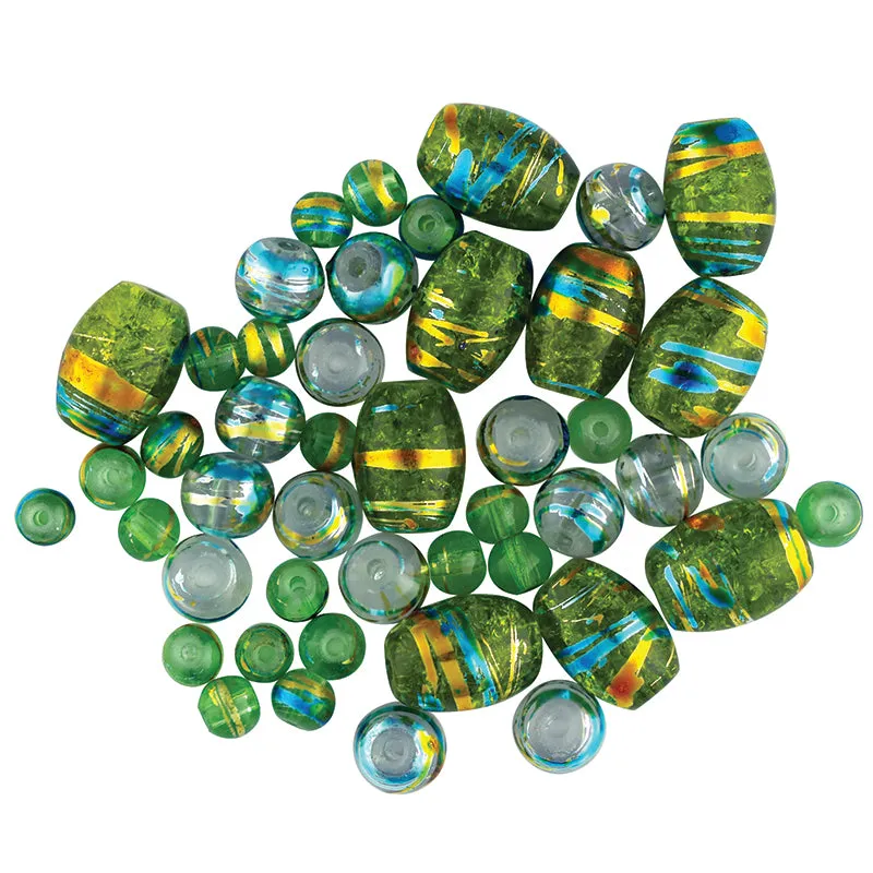 BEAD GLASS METALLIC STRIPE LIME 50PC