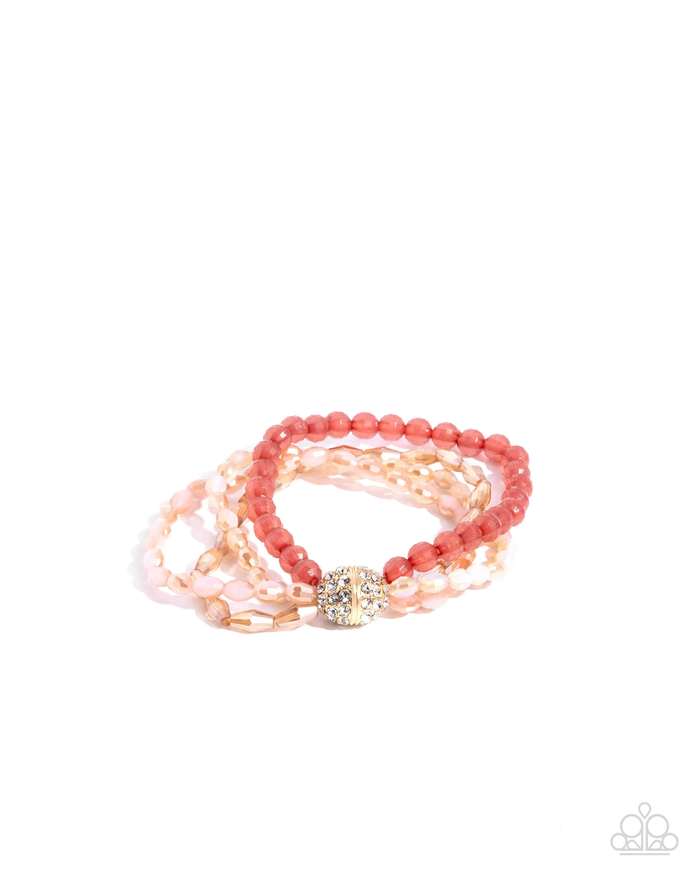 Beaded Boundary - Pink - Peach, and UV Gold Bead White Rhinestone Paparazzi Stretchy Bracelet