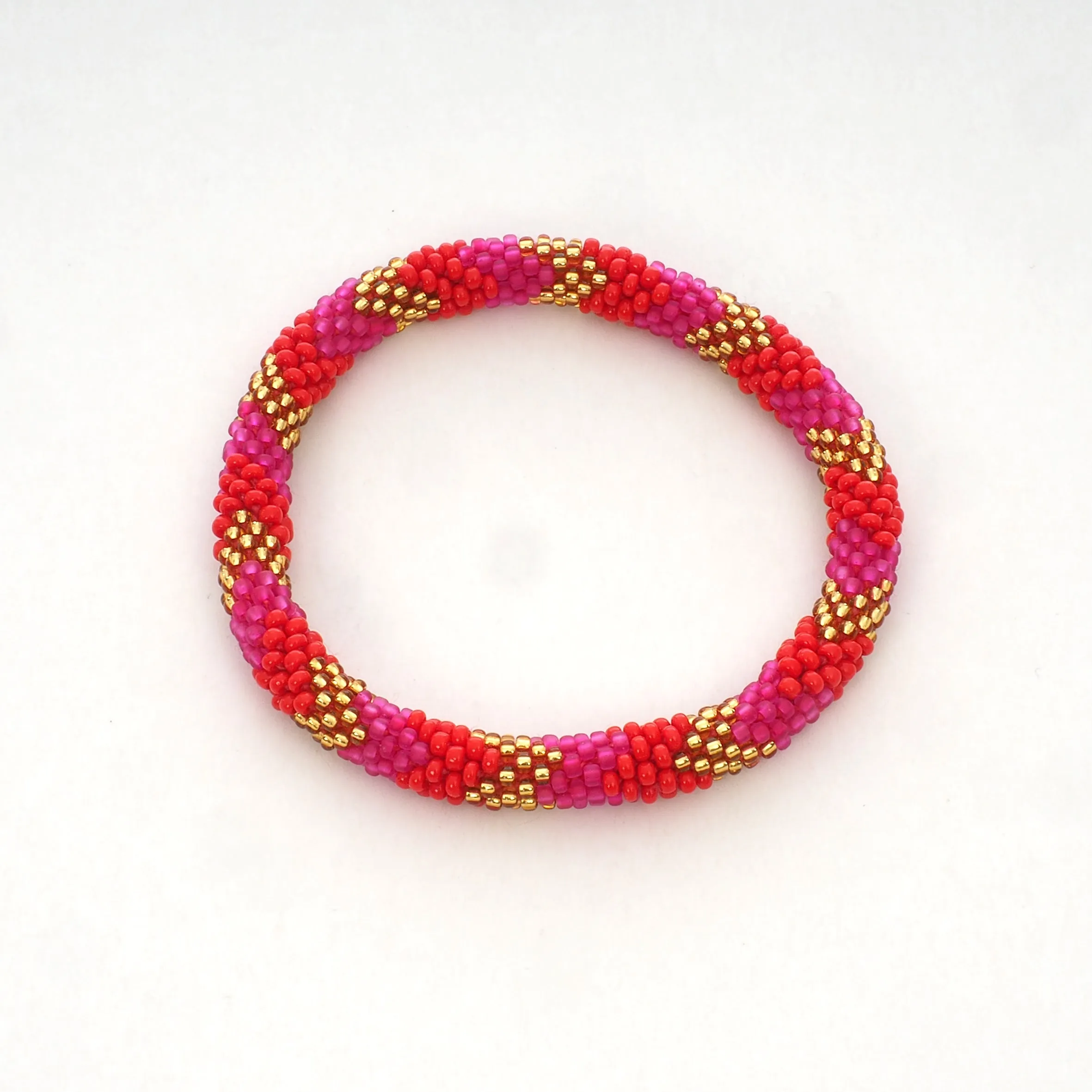 Beaded Bracelet - Mat Pink & Red & Gold