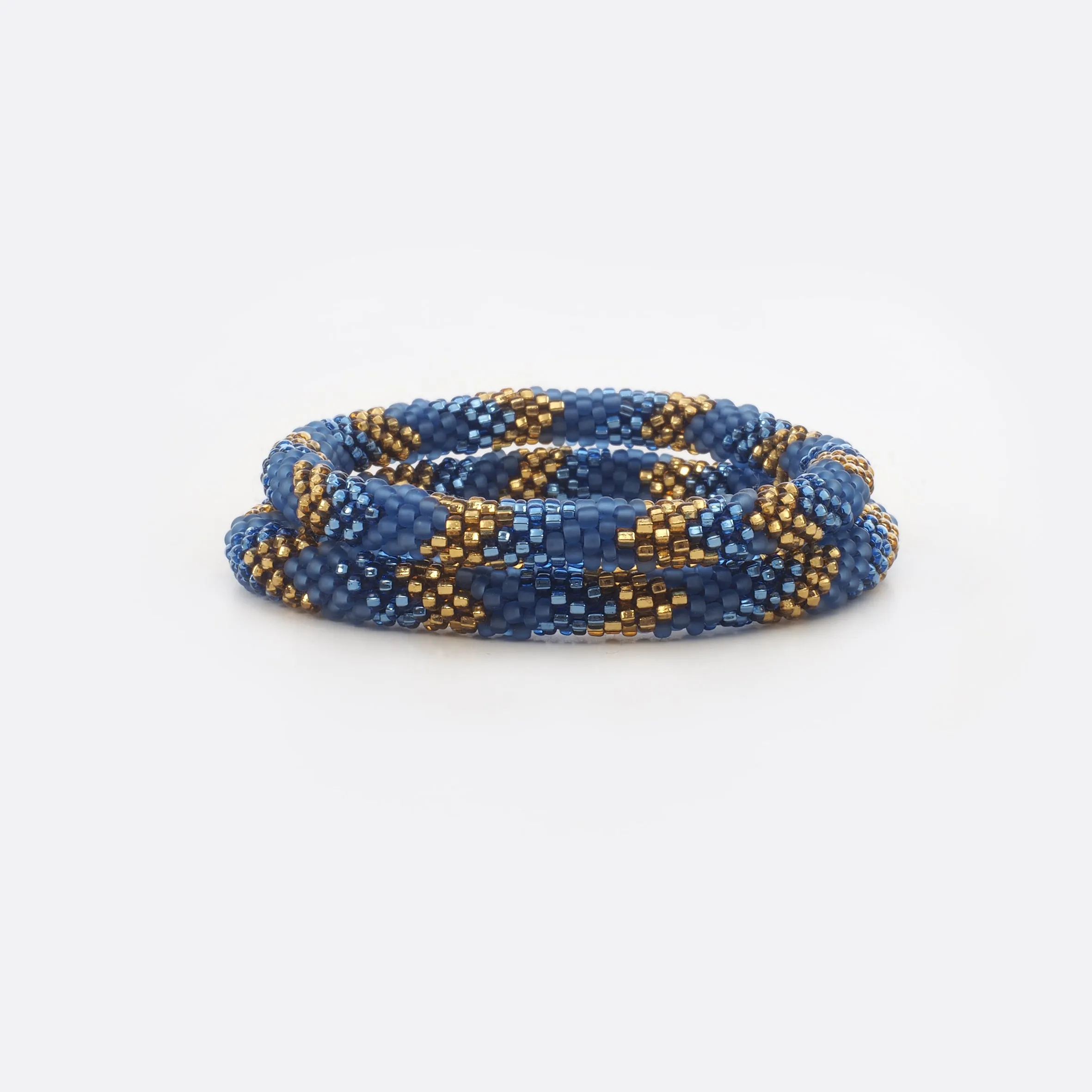 Beaded Bracelet  Set -  Mat Blue & Shiny Gold & Blue