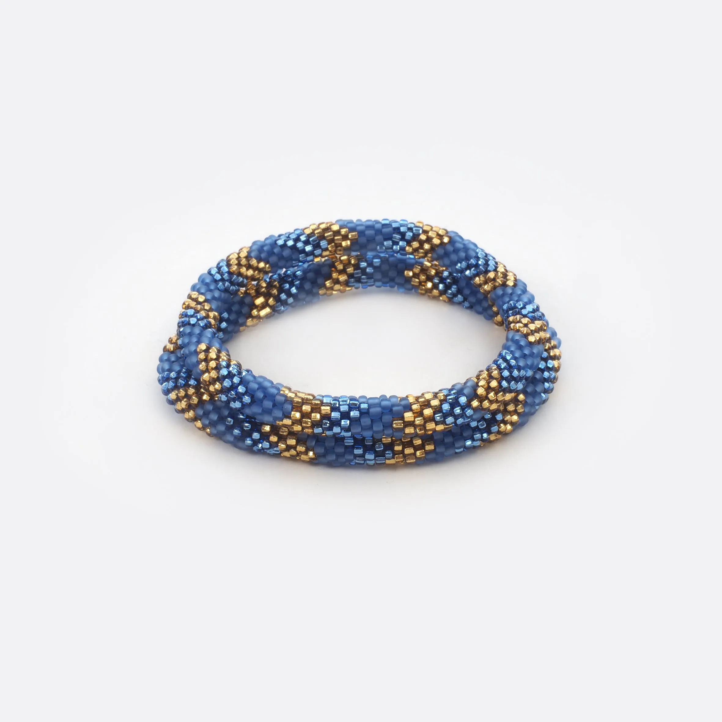 Beaded Bracelet  Set -  Mat Blue & Shiny Gold & Blue
